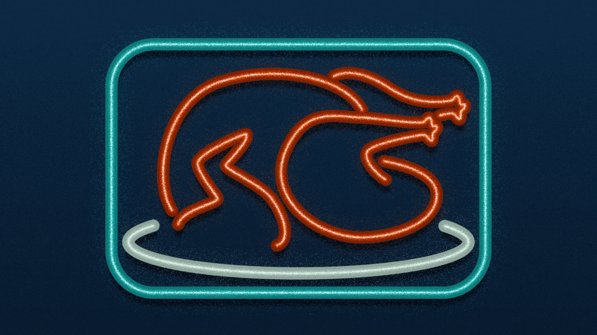 Illustration of a neon sign in which a turkey lights up and flickers.